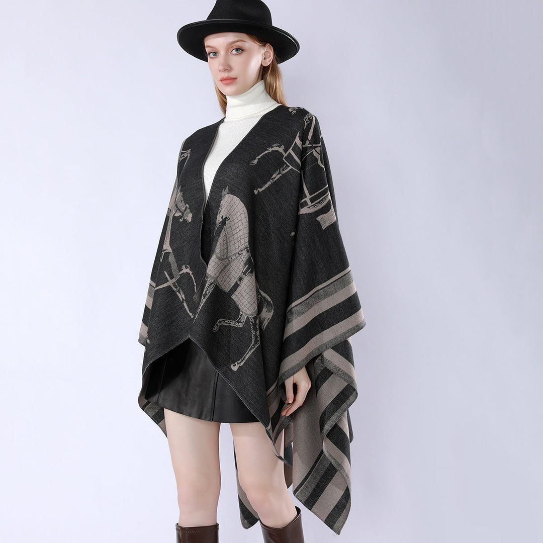 Dam Jacquard Poncho Wrap med Horse Motif och Boxig Kimono Silhuett