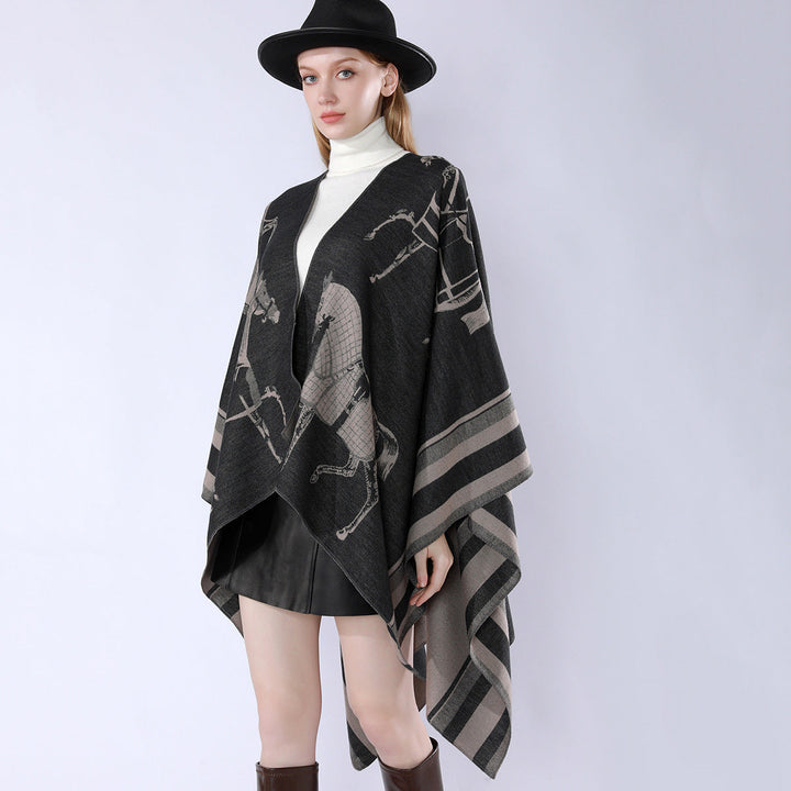 Dam Jacquard Poncho Wrap med Horse Motif och Boxig Kimono Silhuett