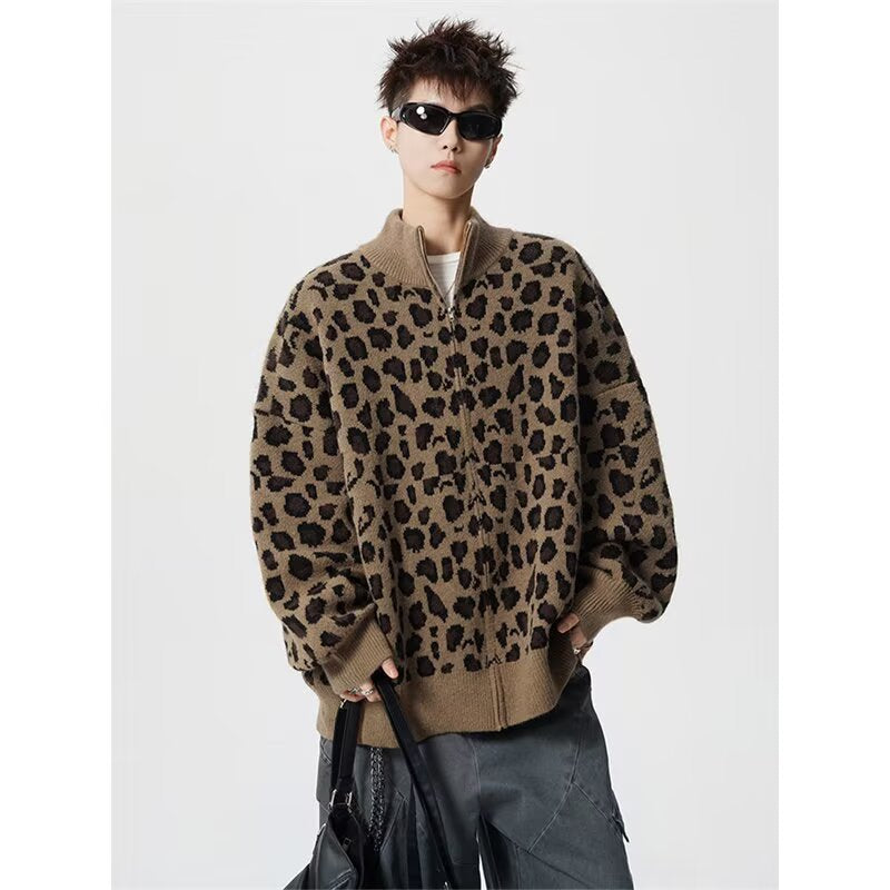 Herr Modern Stickad Jacka med Leopard Mönster och Hög Krage