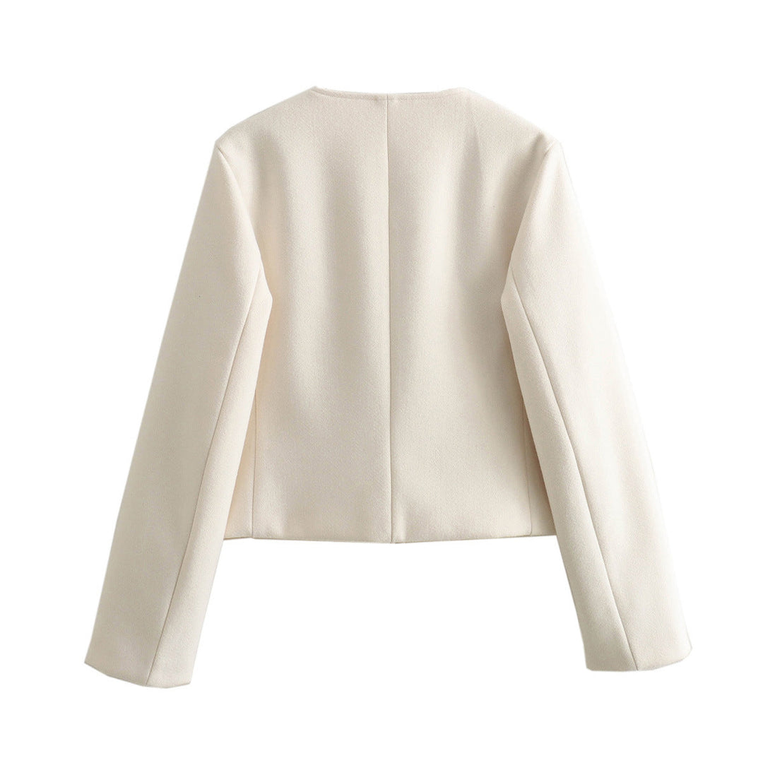 Dam kort skärning ull look jacka med round neckline och decorative metal knäppning