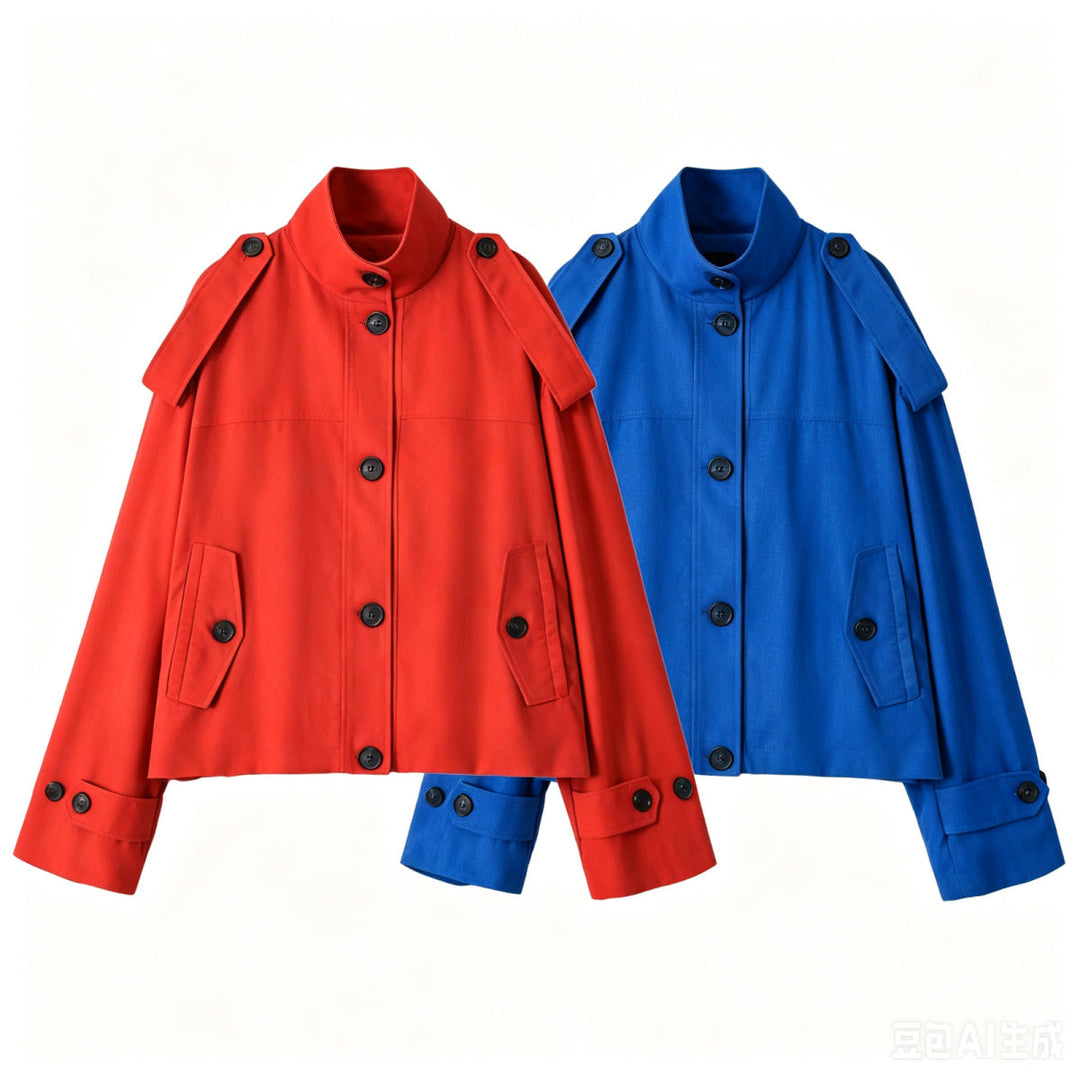 Dam Kort Trenchcoat med Stå Krage och Epaulettes