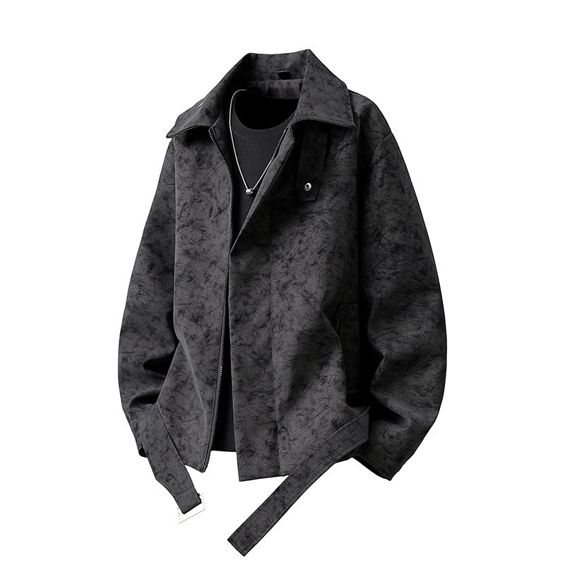 Herr Kort Skärning Sammet Look Jacka med Skjortkrage, Bälte Detail &amp; Dold Dragkedja