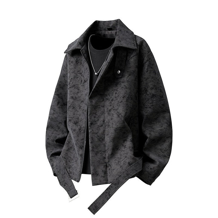 Herr Kort Skärning Sammet Look Jacka med Skjortkrage, Bälte Detail &amp; Dold Dragkedja