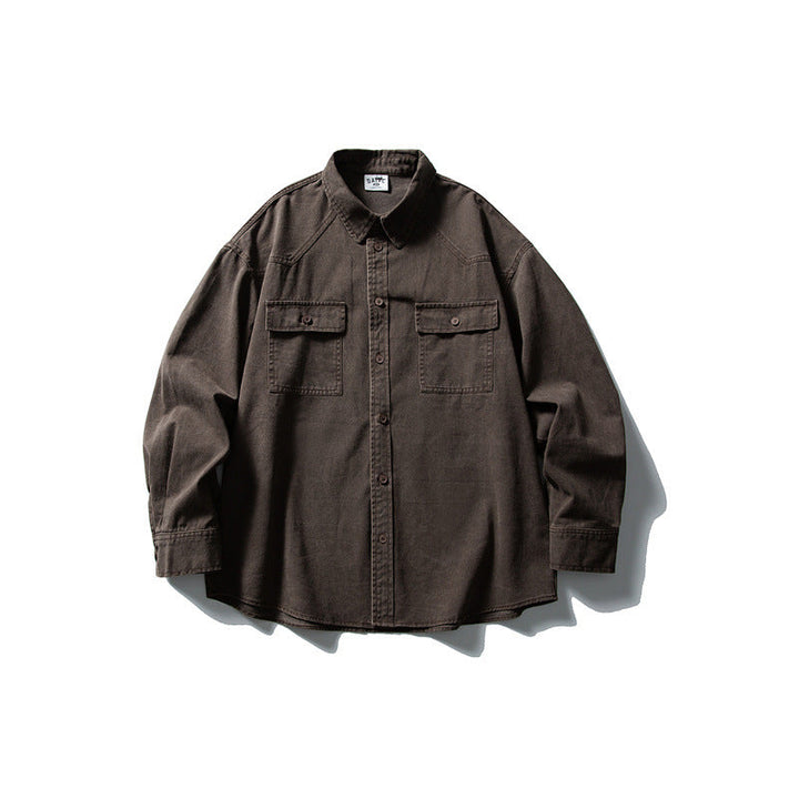 Unisex Oversized Bomull Denim Skjorta Jacka med Lapp Bröst Fickor och Curved Fåll