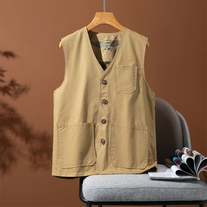 Herr Sleeveless Utility Canvas Väst med V-Neck, Knapplist, och Utanpåfickor