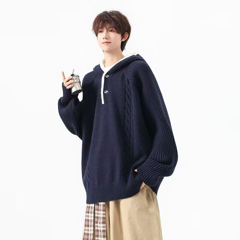 Herr Chunky Stickad Pullover med Huva och Knapplist