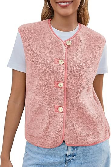 Dam teddy fleece väst med round neck och knapp stängning