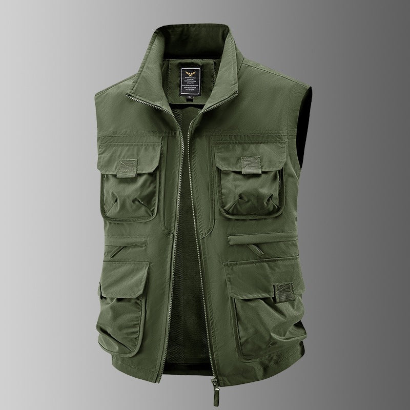 Herr Multi-Pocket Utility Väst med Hög Krage, Dragkedja och Mesh Foder
