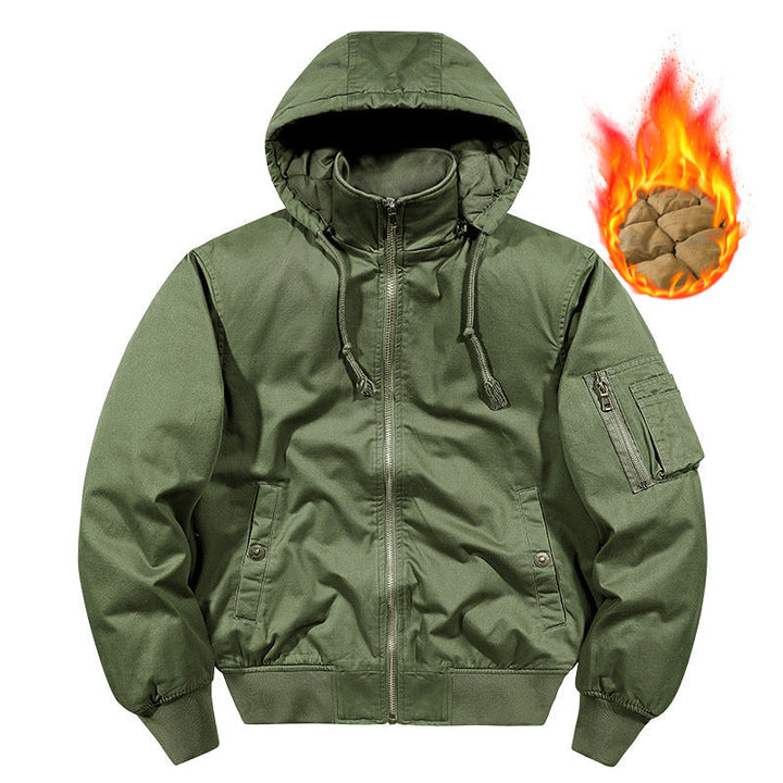Herr Vadderad Hoodie Canvas Fältjacka med Ärm Ficka och Termisk Foder