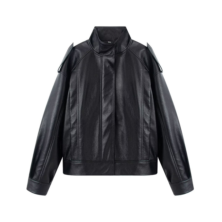 Dam Kort Jacka i Läderlook med Stå Krage, Dropped Shoulder Section och Dekorativ Shoulder Epaulettes