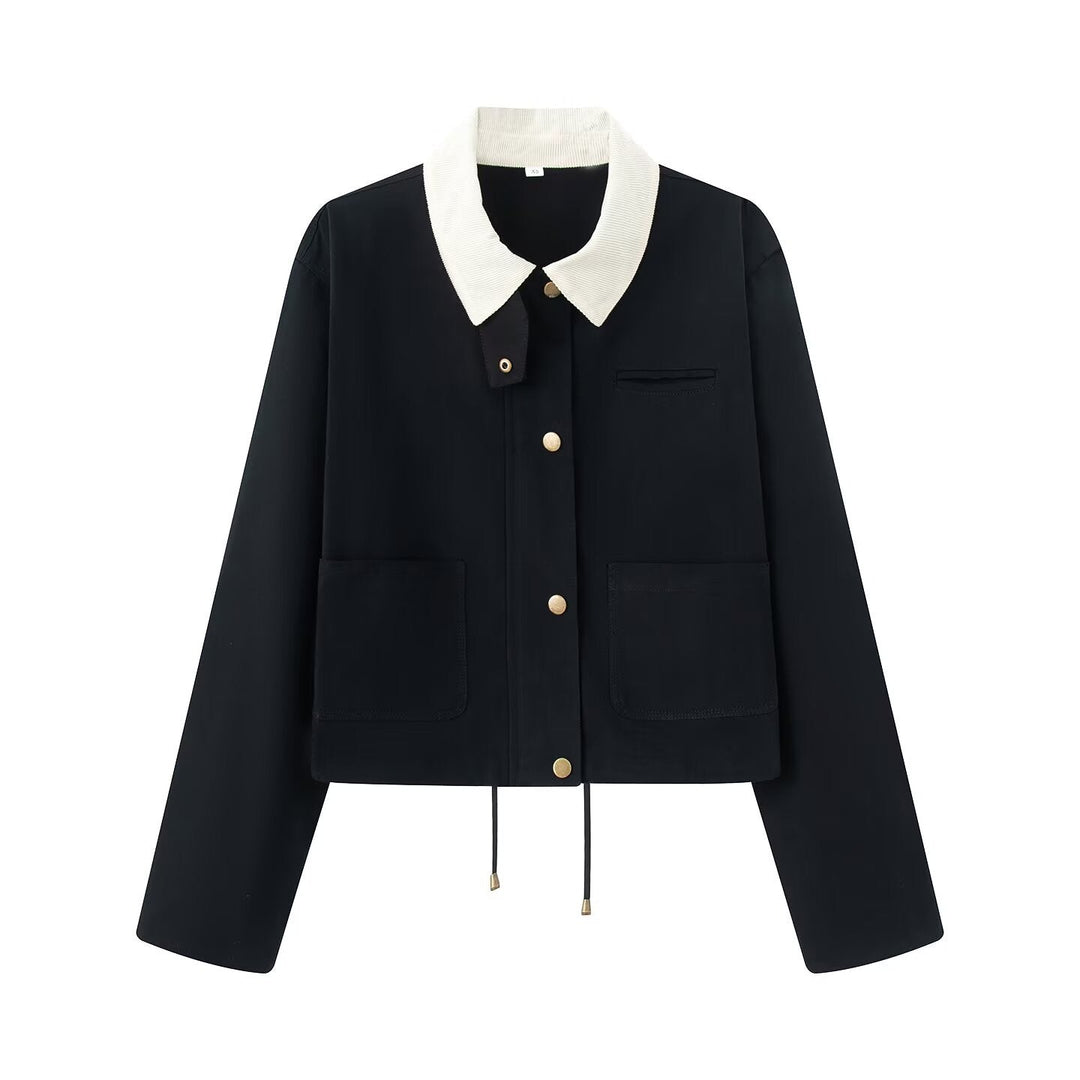 Dam Kort Övergångsjacka i Workwear Look med Cord Krage, Press Knapp Knäppning och Drawstring