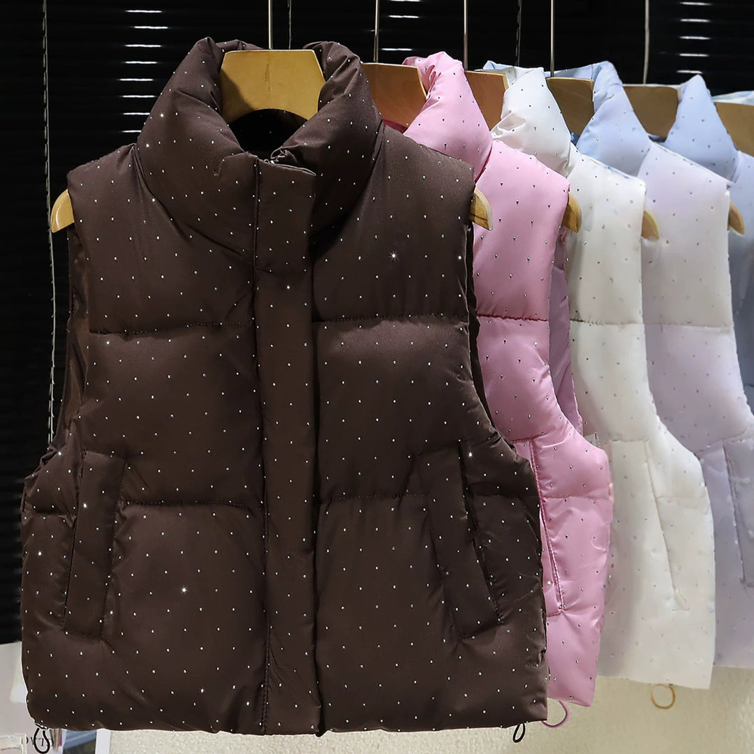 Dam non-quiltad sleeveless thermal väst med high standing krage, concealed dragkedja placket, och fine dot tryck