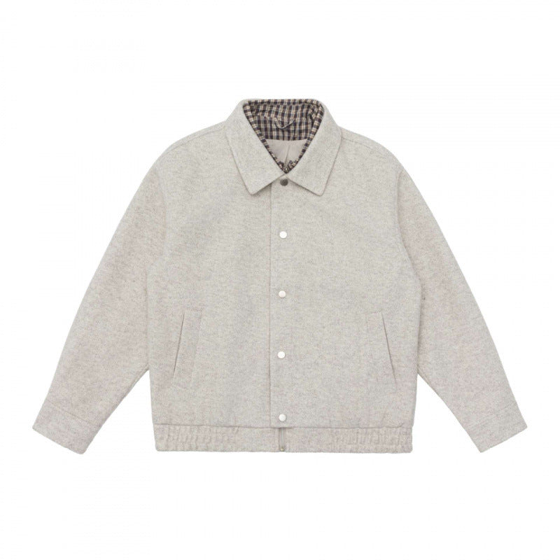 Herr short-cut ullblandning fältjacka med plaid innerfoder och tryckknapp knäppslå