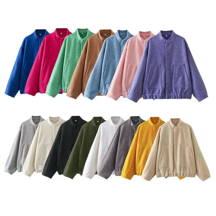 Dam 70+ Oversize Teddy-Fleecejacka med Stå Krage och Patch Fickor