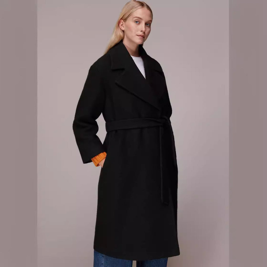 Dam Midi-Length ullblandning lång kappa med Minimal Shawl krage och Relaxed silhuett