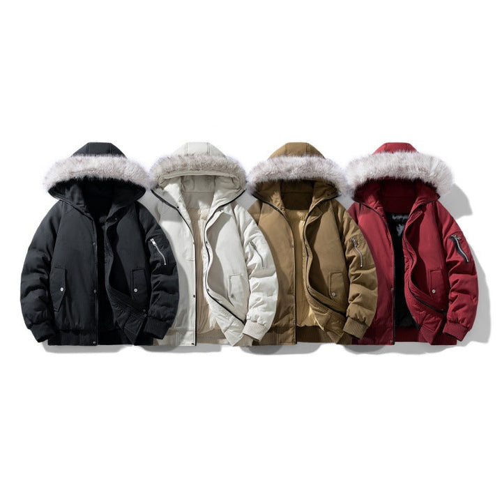 Herr quiltad vinter parka med avtagbar fusk päls huva och vindtät padding
