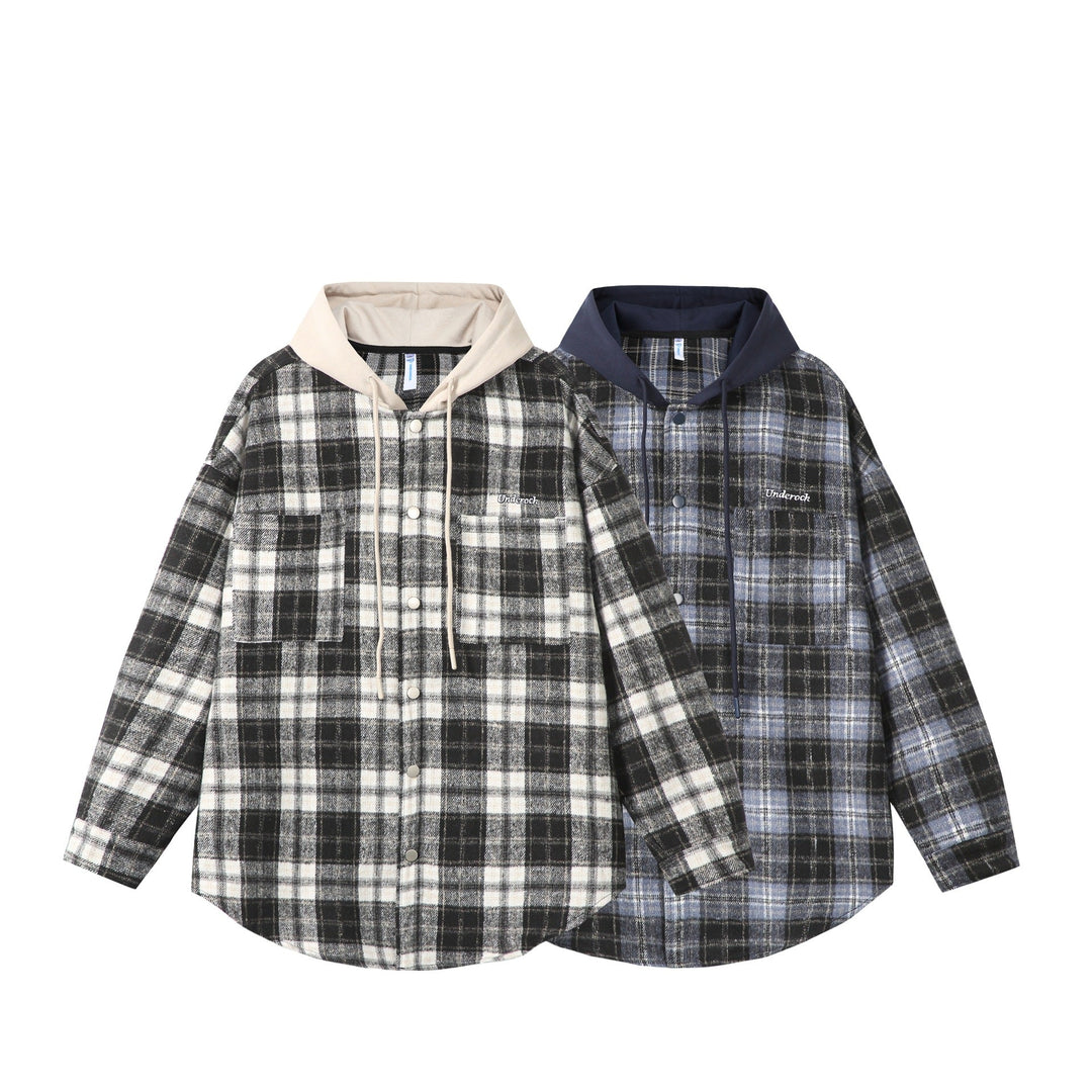 Unisex Oversized Check Skjorta Jacka med Huva, Tryckknapp Knappar och Bröstficka