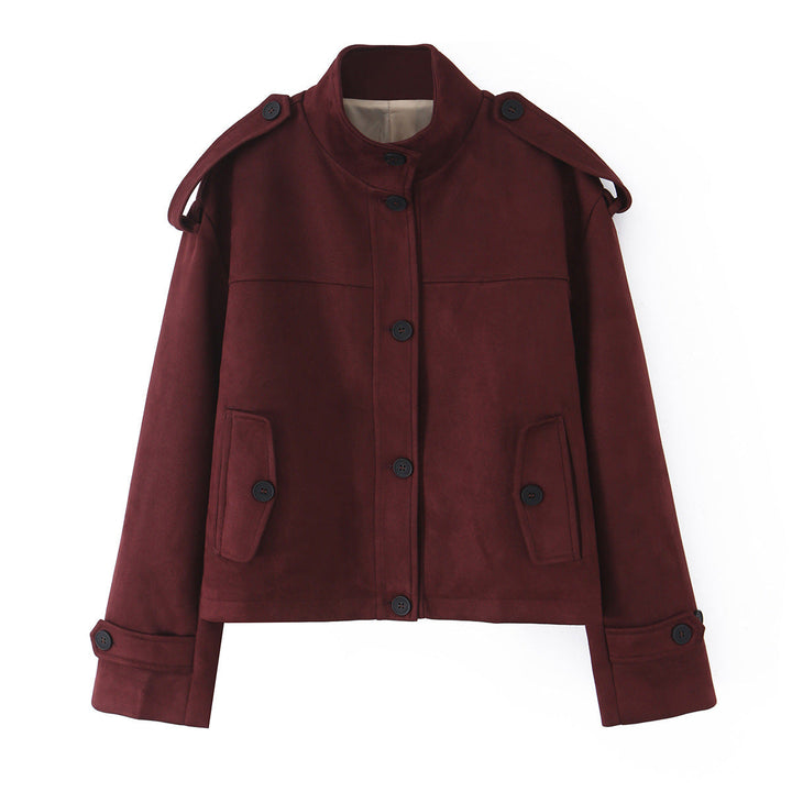 Dam Kort Jacka i Suede Look med Stå Krage, Shoulder Flaps och Patch Fickor