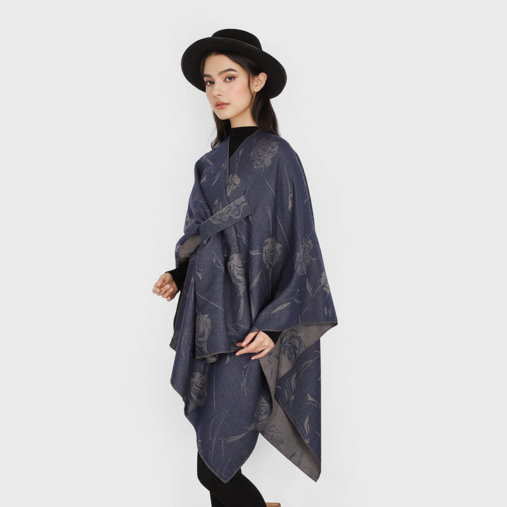 Dam Reversible capeponcho med Rose Jacquard och Tie bälte