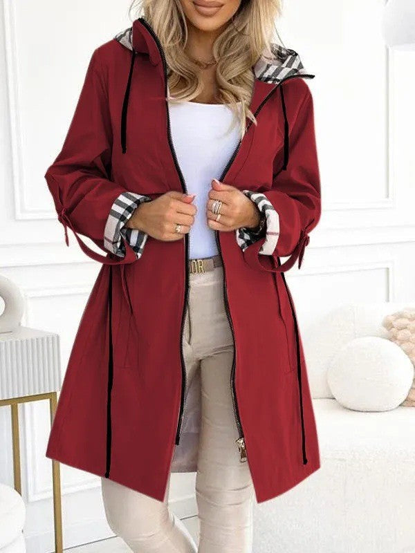Dam figursydd regn parka med huva rutig lined inner krage och drawstring