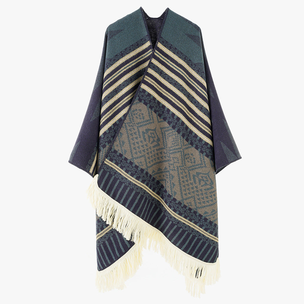 Dam Woven Jacquard poncho med V-Neck, Ethno tryck och Fringes