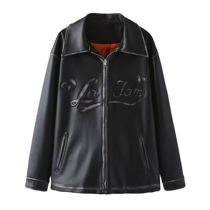 Dam oversized konstläderjacka med sjalkrage och embossed logo embroidery