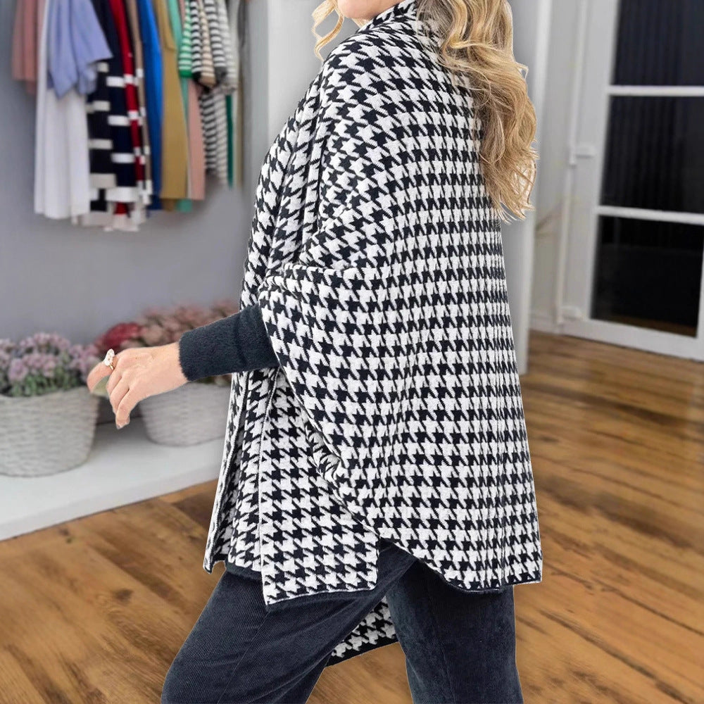 Dam Modern Poncho med Hundtand Mönster