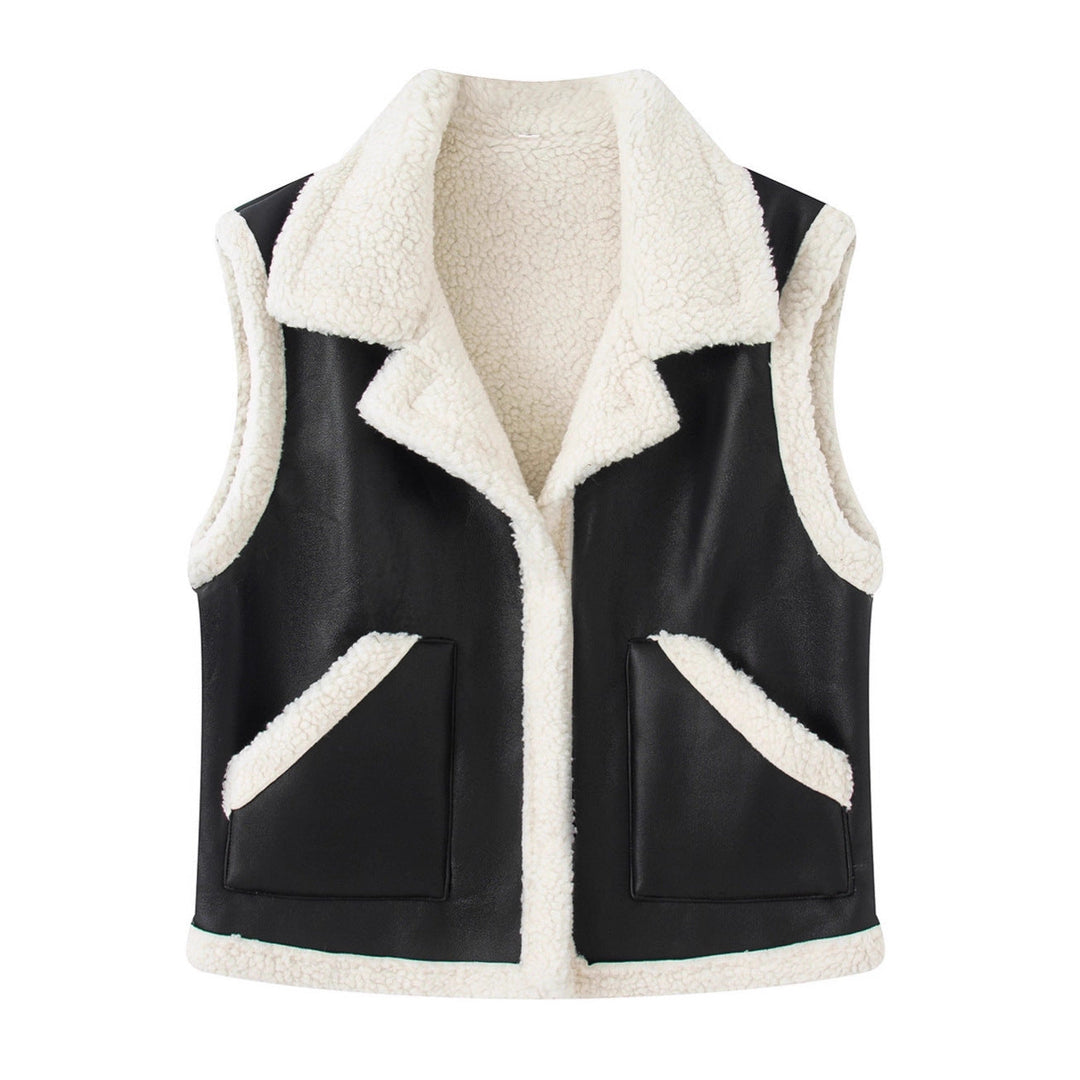 Dam ärmlös Lambskin look väst med Notched krage och utanpåfickor