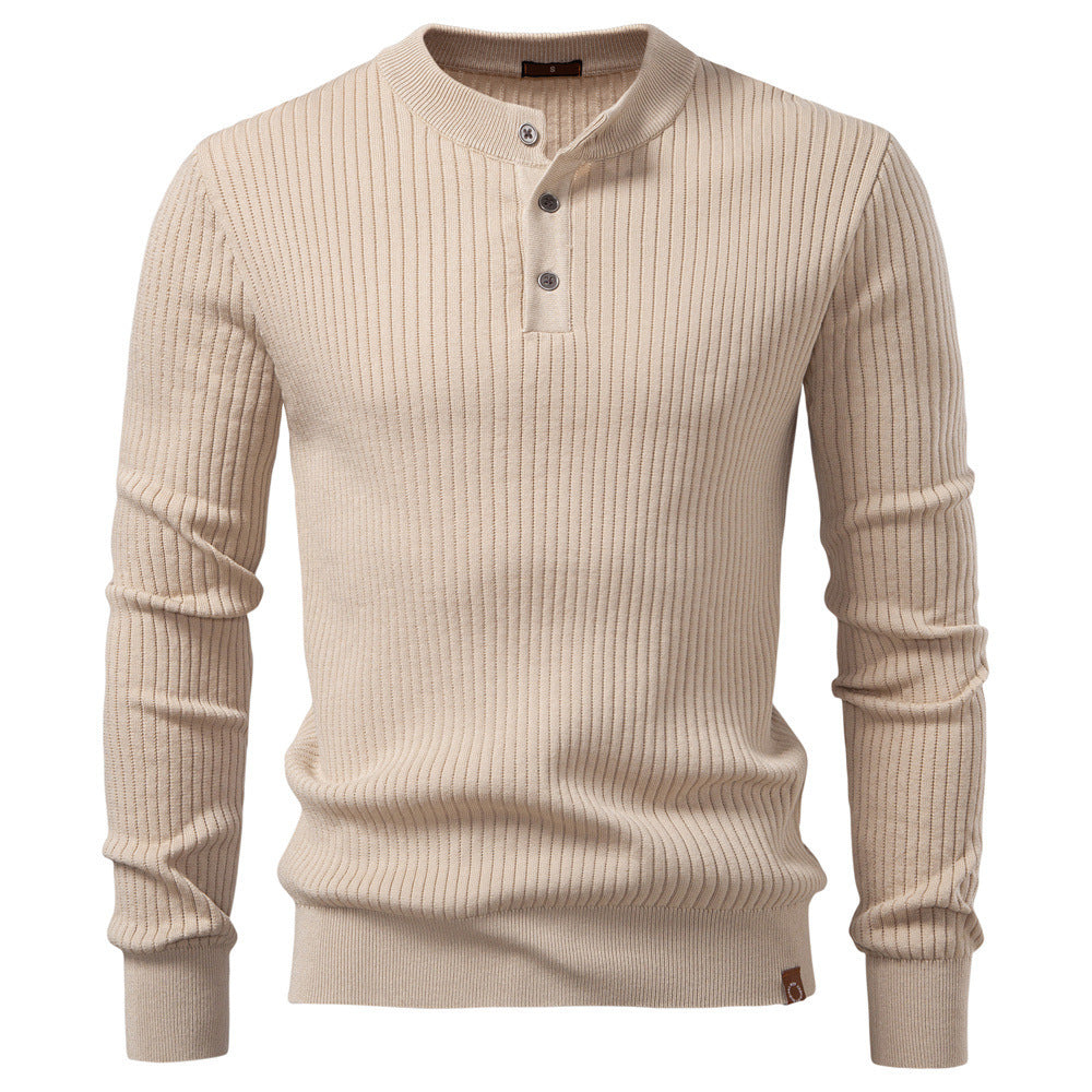 Herr Ribbad Lång-Ärm Henley Pullover med Ståkrage, Fin Rib Stickad och Smal Passform