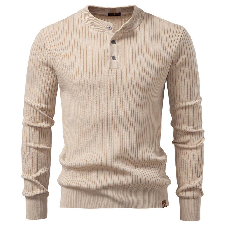 Herr Ribbad Lång-Ärm Henley Pullover med Ståkrage, Fin Rib Stickad och Smal Passform