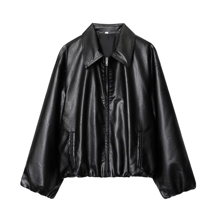 Dam kort skuren oversize blouse jacka gjord vegan läder med skjortkrage och elastic fåll