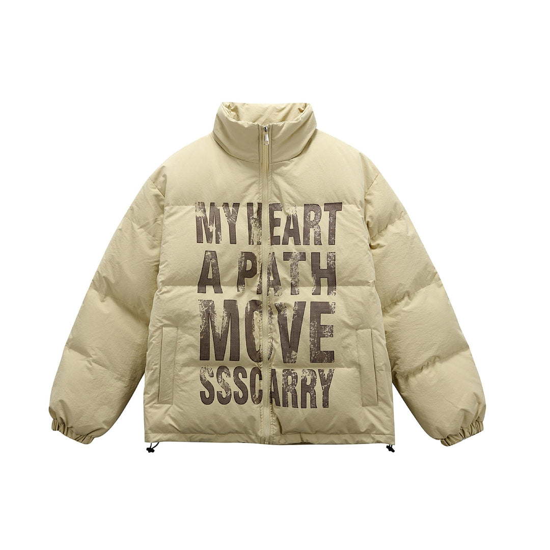 Unisex Oversized Vadderad Jacka med Hög Ståkrage och Statement Tryck