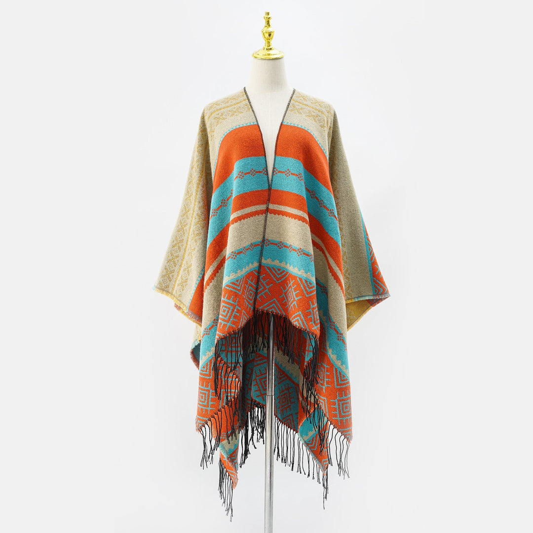 Dam Structured Web Cape i Ethno-Jacquard med fransfåll