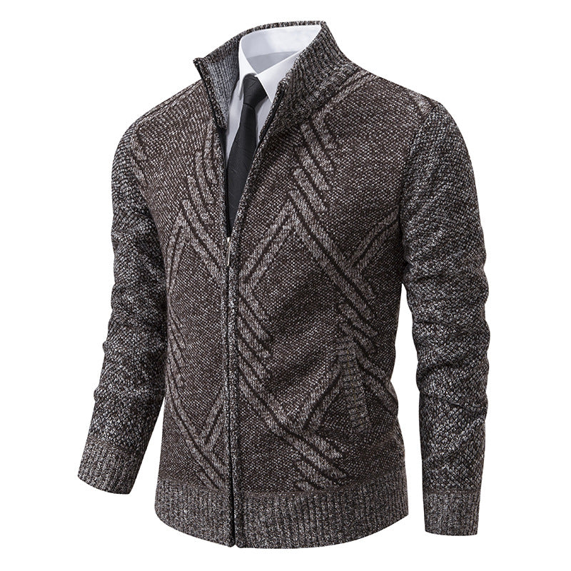 Herr Chunky Stickad Dragkedja Cardigan med Ståkrage och Geometrisk Structure Mönster