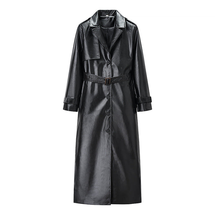 Dam längre trenchcoat in läderlook med knytband och Epaulettes