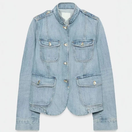 Dam Utility-Stil Denimjacka med Stå Krage, Flapped Fickor, och Shoulder Patches