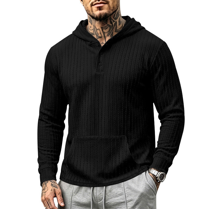 Herr med Huva Henley Pullover med Cable Stickad Structure, Känguruficka och Ribbstickade Muddar