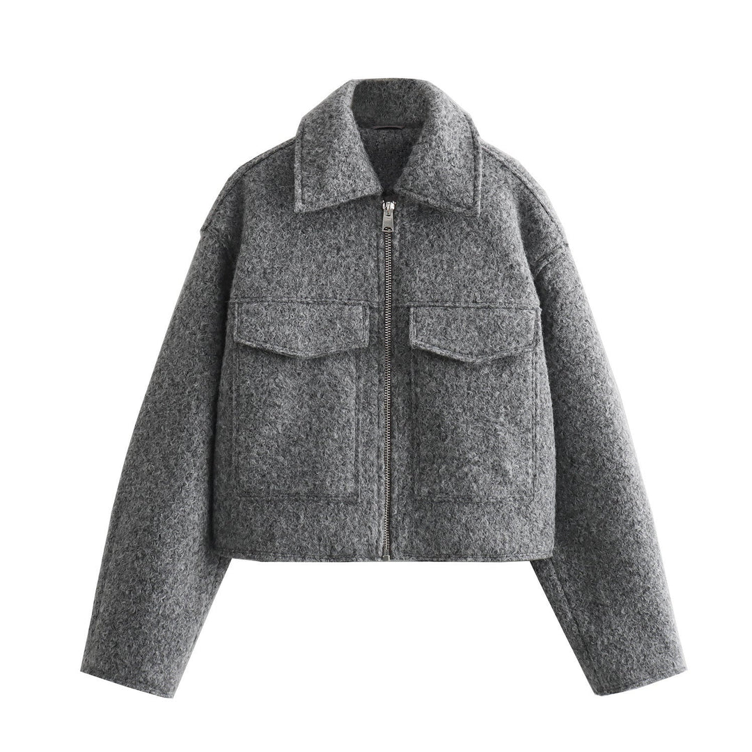 Dam kort Boucle jacka in boxig skärning med Zip och Flap fickor