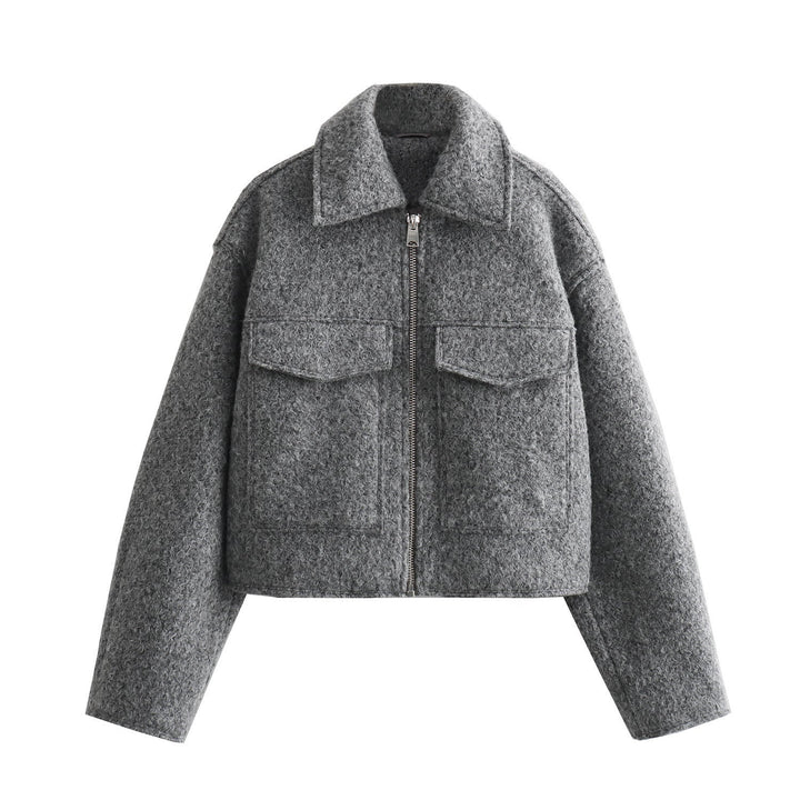 Dam kort Boucle jacka in boxig skärning med Zip och Flap fickor