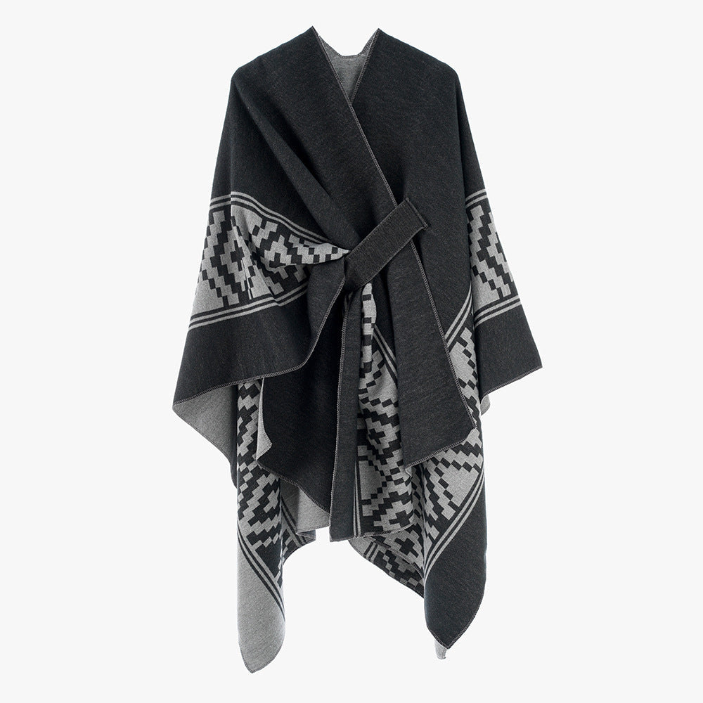 Dam Jacquard Ruana med TIE bälte och geometric mönster
