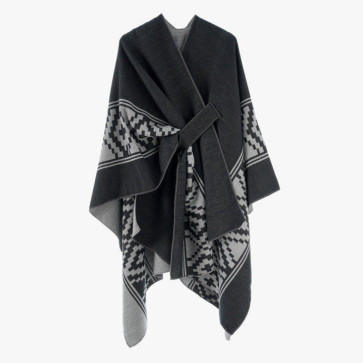 Dam Jacquard Ruana med TIE bälte och geometric mönster
