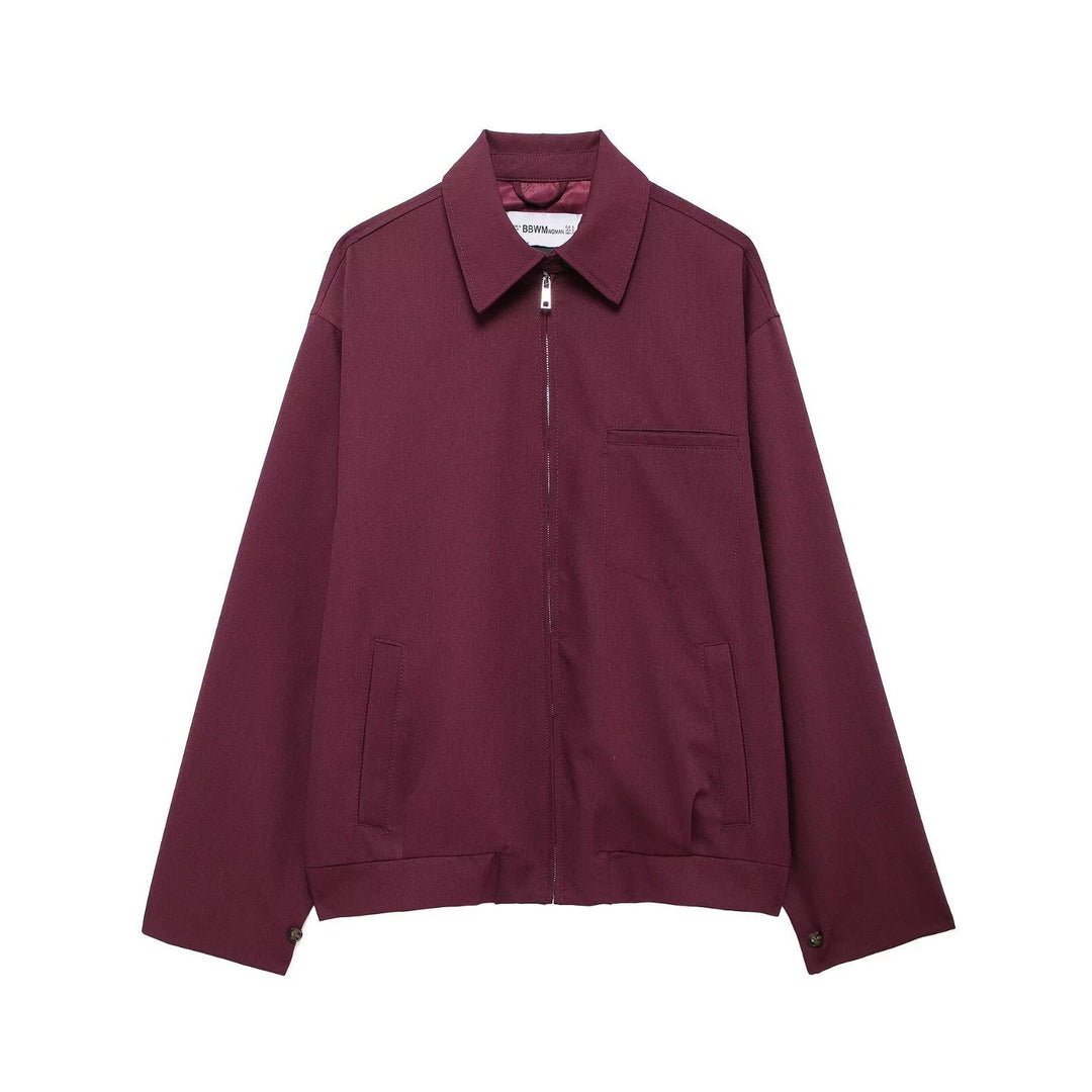 Dam Oversize Blouson med Dragkedja, Skjort Krage, och Side Fickor