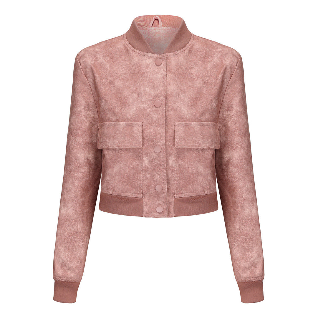 Dam kort crop konstläderjacka i blouson stil med snap front och flap fickor