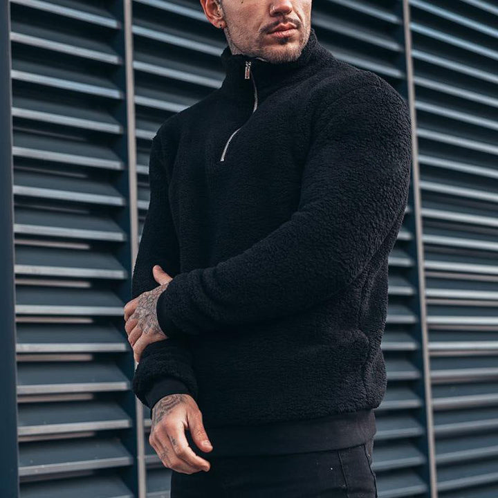 Herr Sherpa Fleece Pullover med Ståkrage och Kort Dragkedja