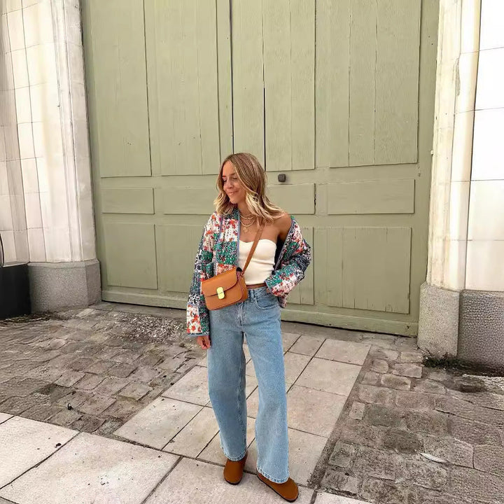 Dam vadderad Patchwork jacka in Kimono stil