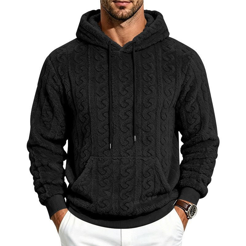 Herr Mysig Teddy Fleece Luvtröja med Cable Mönster och Känguruficka