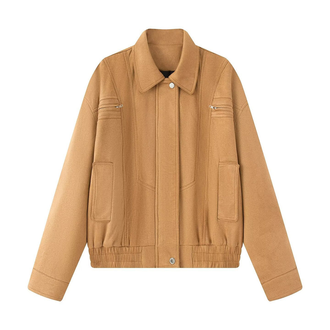 Dam 10+ Kort Skärning Velour Blouson Jacka med Elastic Nederkant, Lock Fickor, och Dragkedja Details