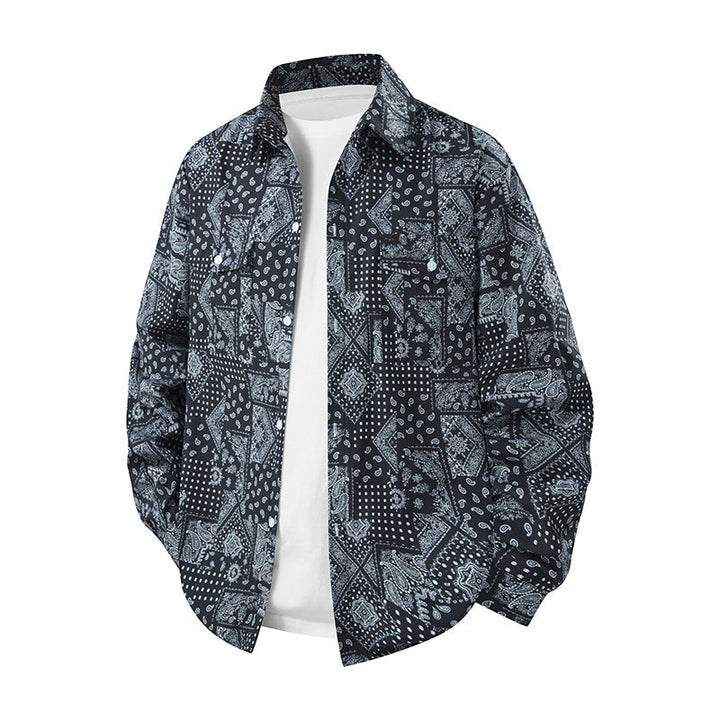 Herr Bedrucktes Overshirt i Ethno Azteken‑look med Brusttaschen och Avslappnad Passform