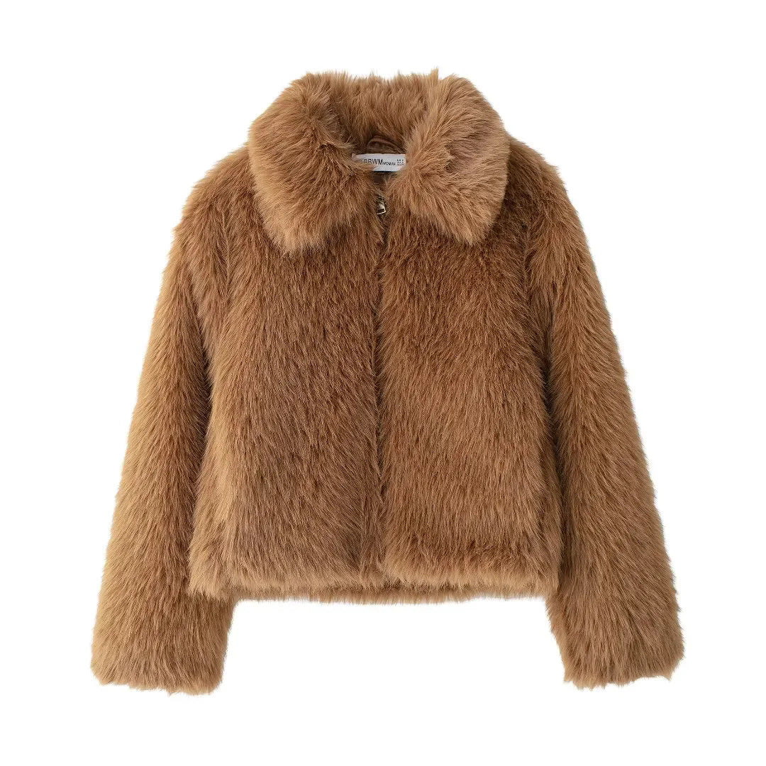Dam kort mysig faux pälsjacka med skjortkrage och concealed dragkedja placket
