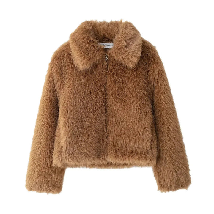 Dam kort mysig faux pälsjacka med skjortkrage och concealed dragkedja placket